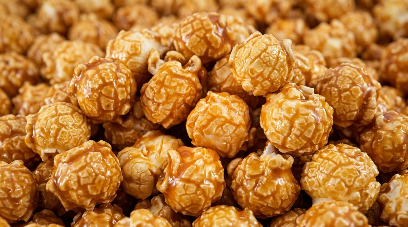 Close-up of glossy caramel gourmet popcorn