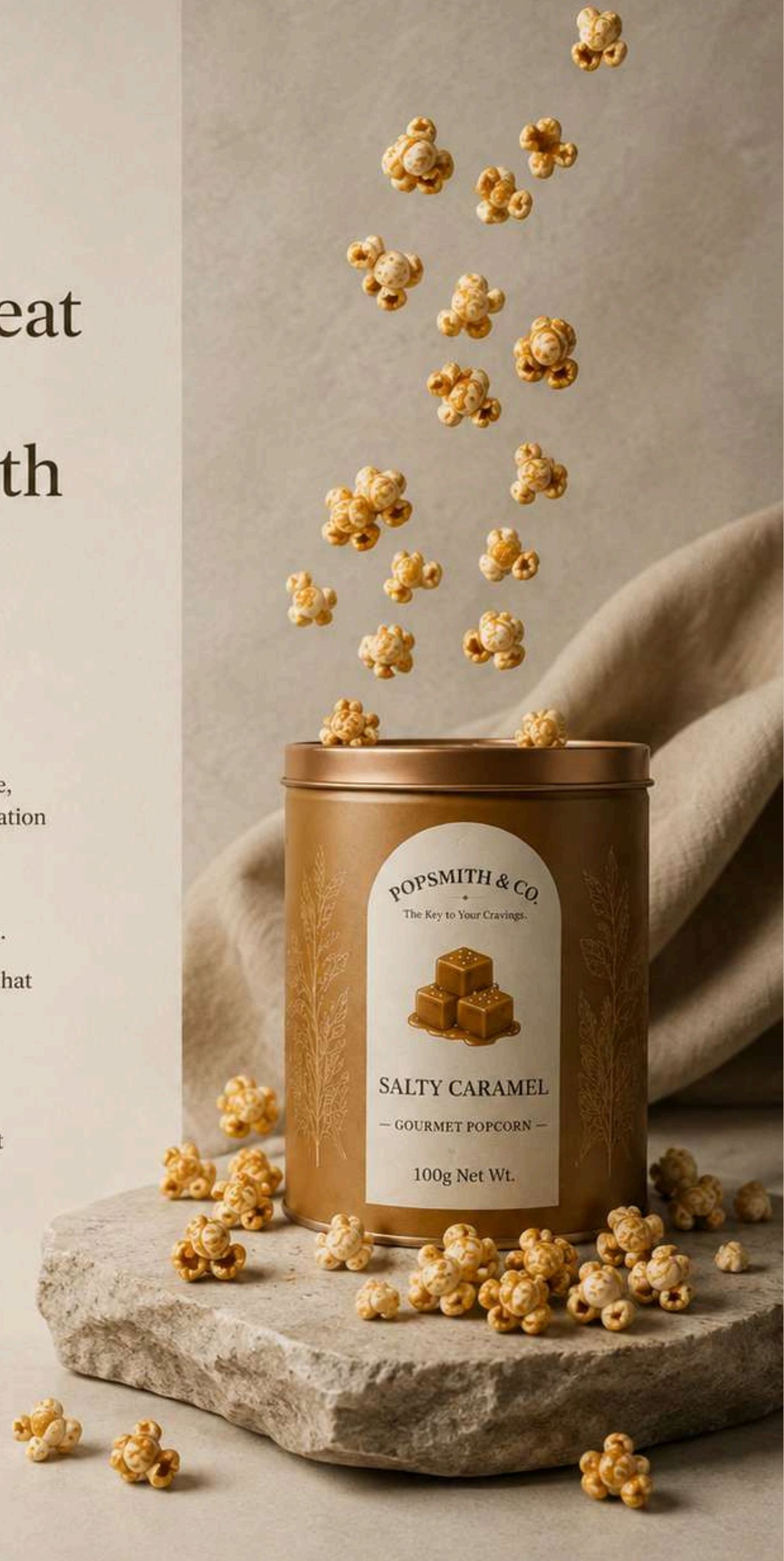 Freshly popped gourmet popcorn beside a Popsmith & Co. tin