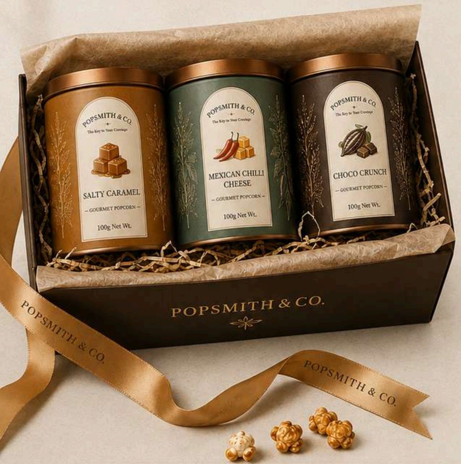Popsmith & Co. gourmet gift hamper with premium popcorn tins